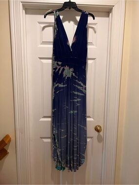 V-Neck tie dye Print Maxi Dress in Navy and Teal